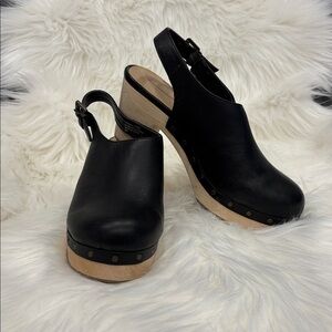 LOFT Black Leather Clogs with Wooden Sole 6